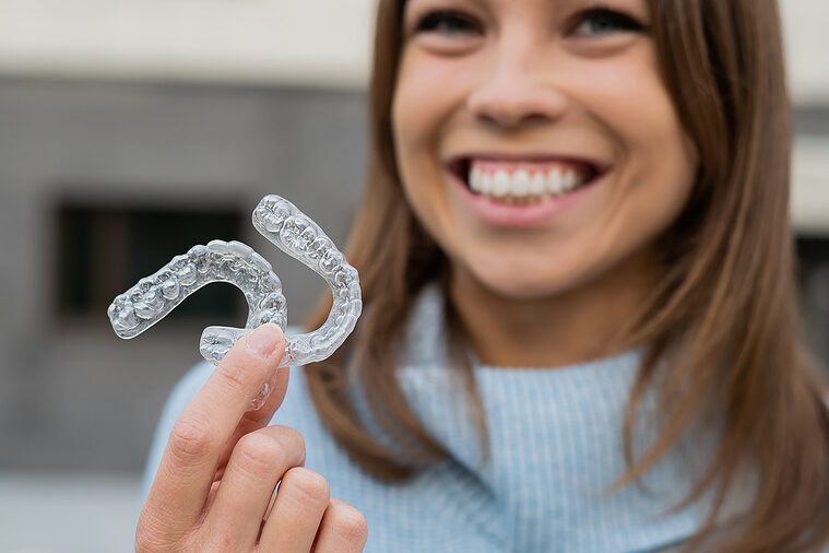 Caucasian Woman With White Smile Holding Transparent Removable R