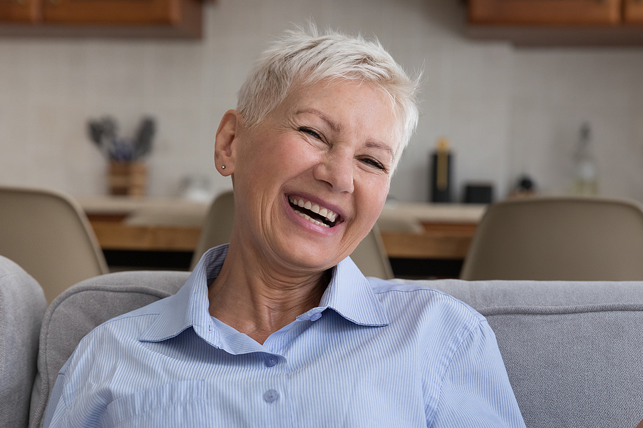 Positive Old Lady With Stylish Short Hairdo Laugh On Joke